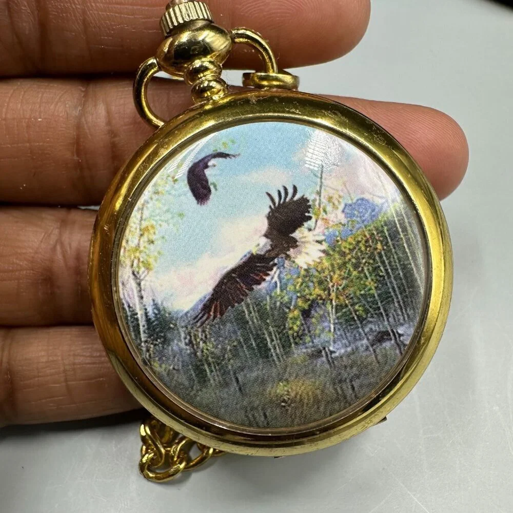 3/$30 Wildlife Eagle Moose Pocket Watch Gold Tone Front Case Chain 46mm